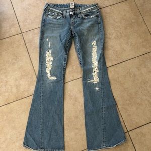 True Religion light wash ripped flare denim pants